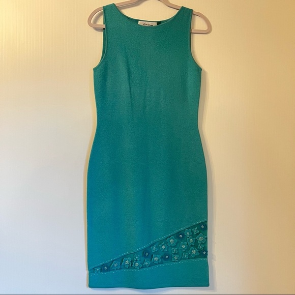 Stunning Unique Knitwear Dress & Jacket Set Small Turquoise Floral - Picture 8 of 11